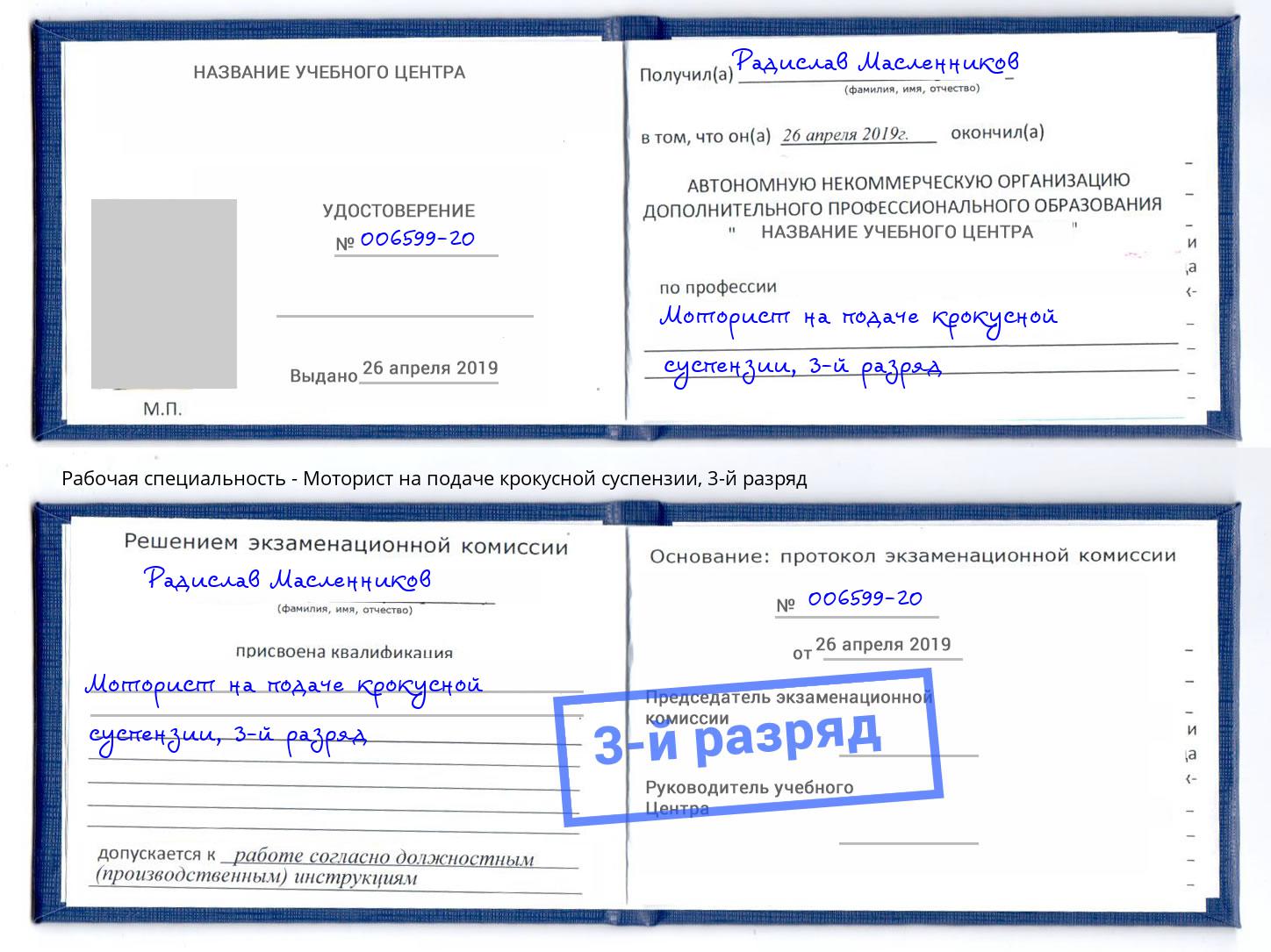 корочка 3-й разряд Моторист на подаче крокусной суспензии Тейково