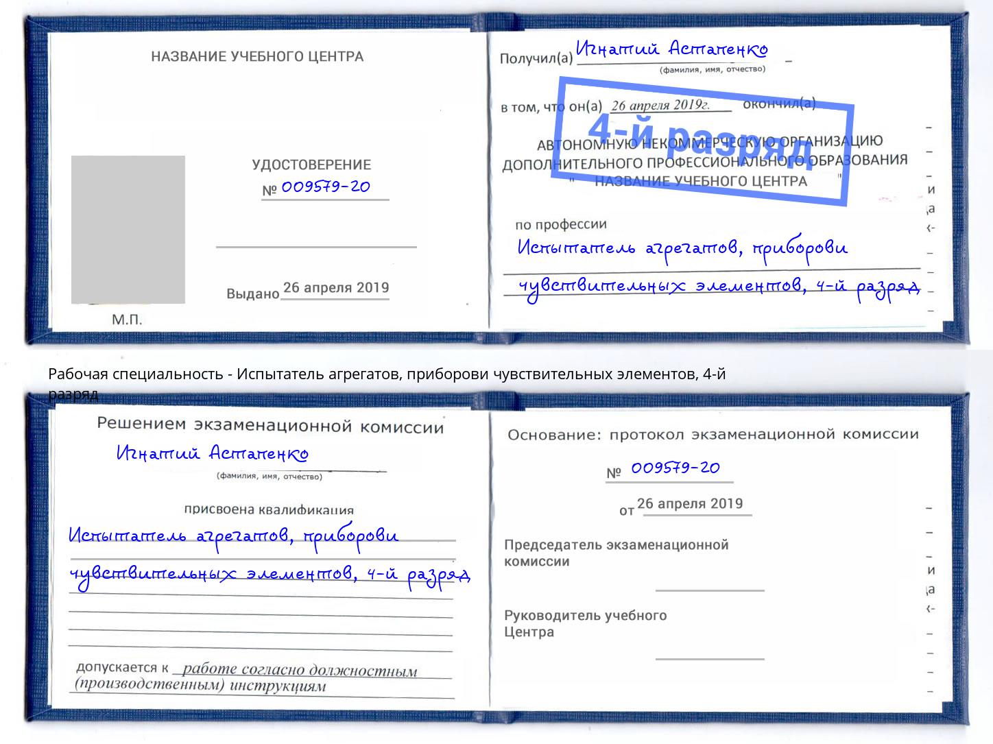 корочка 4-й разряд Испытатель агрегатов, приборови чувствительных элементов Тейково