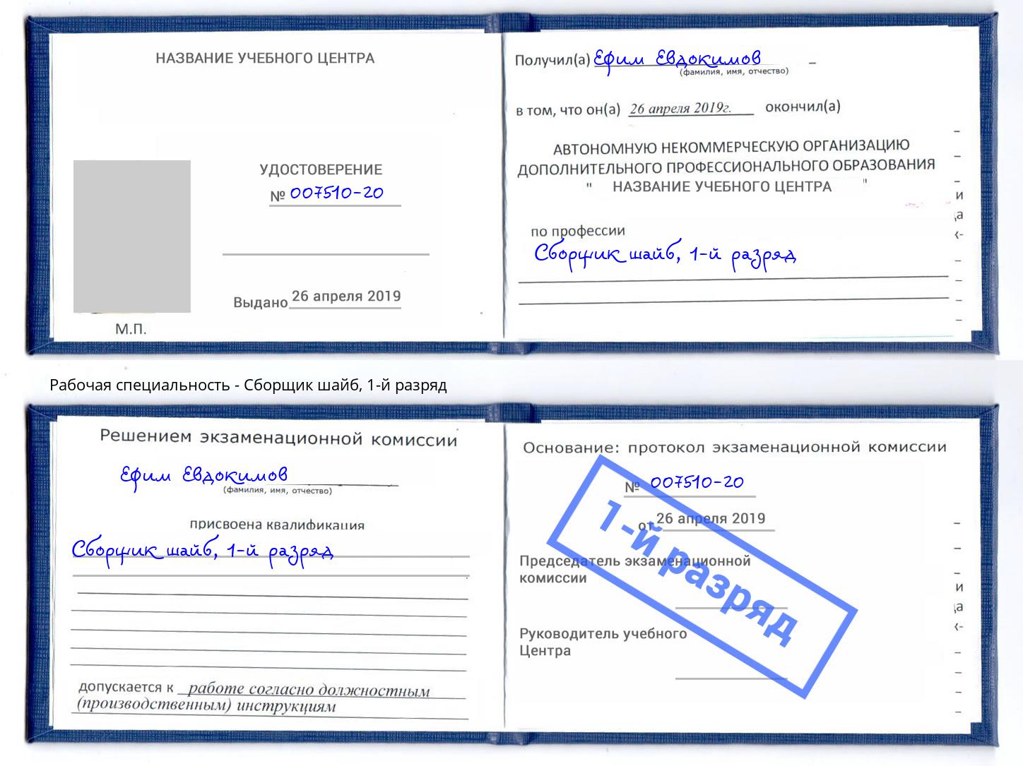 корочка 1-й разряд Сборщик шайб Тейково