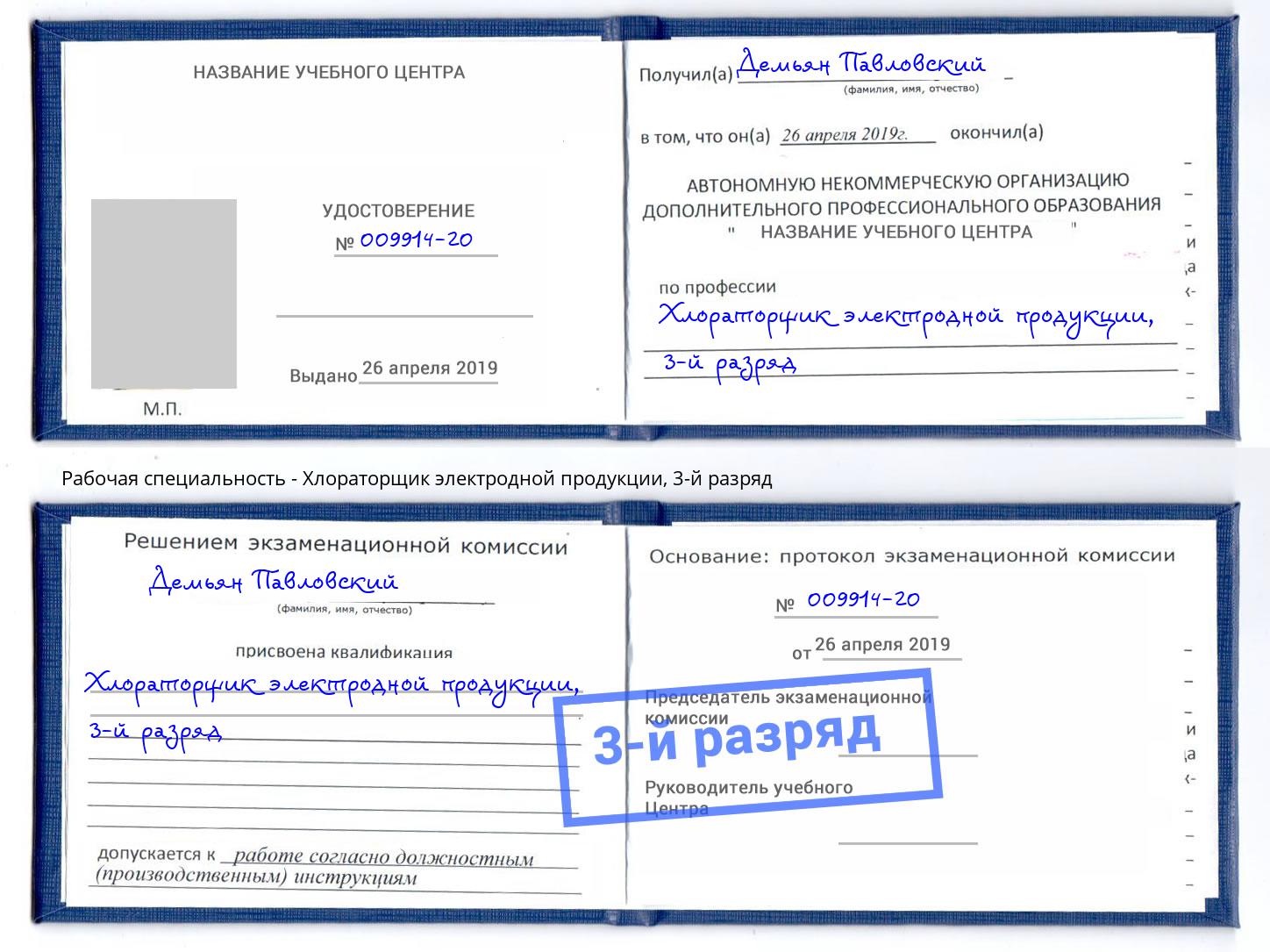 корочка 3-й разряд Хлораторщик электродной продукции Тейково