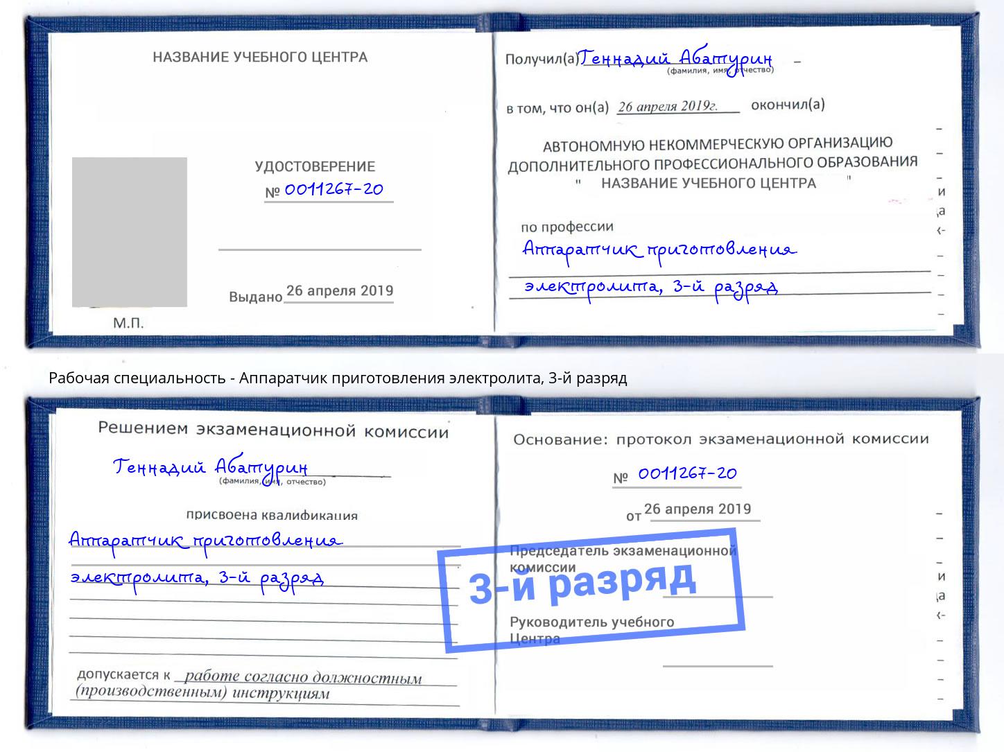 корочка 3-й разряд Аппаратчик приготовления электролита Тейково