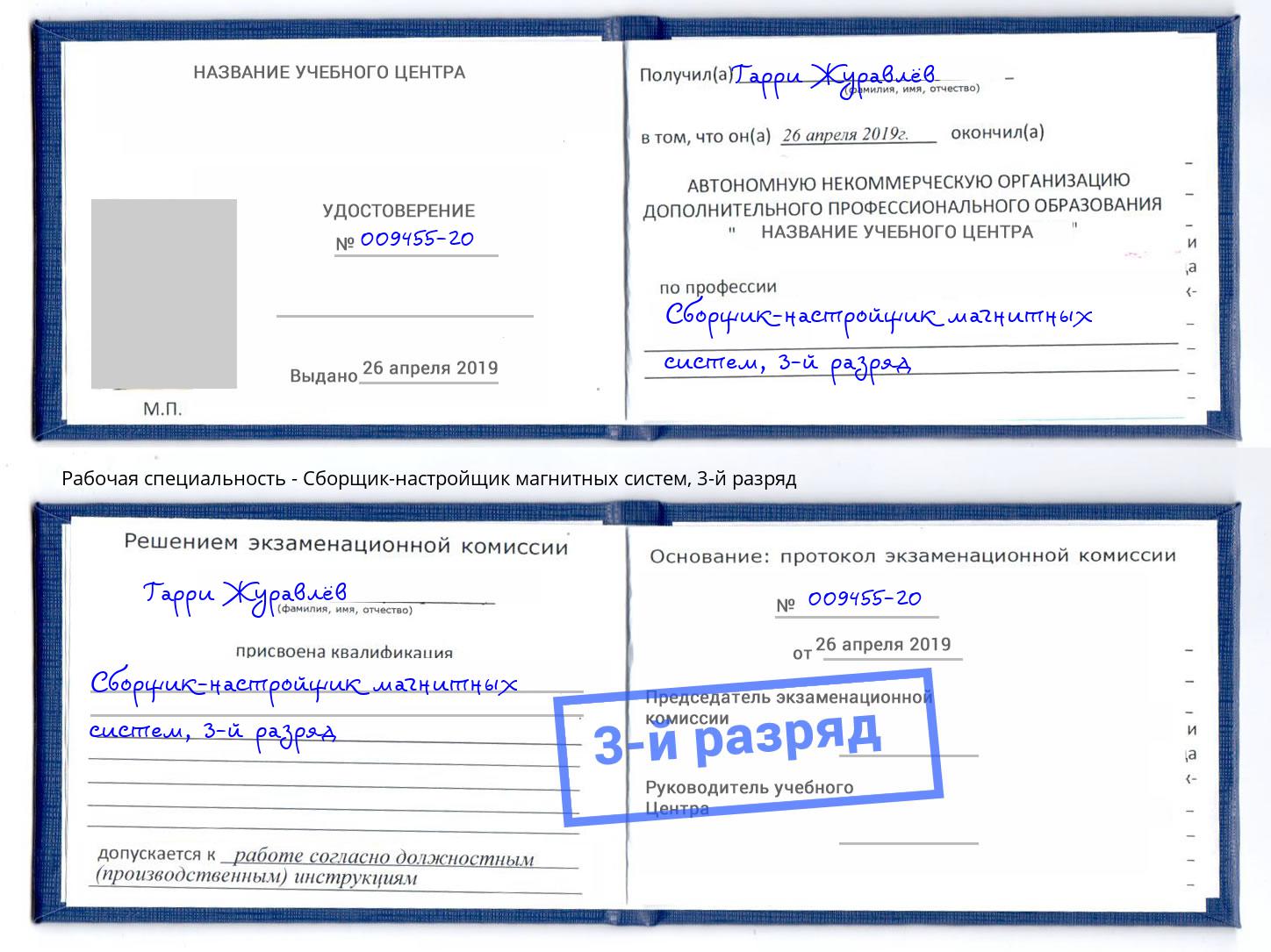 корочка 3-й разряд Сборщик-настройщик магнитных систем Тейково