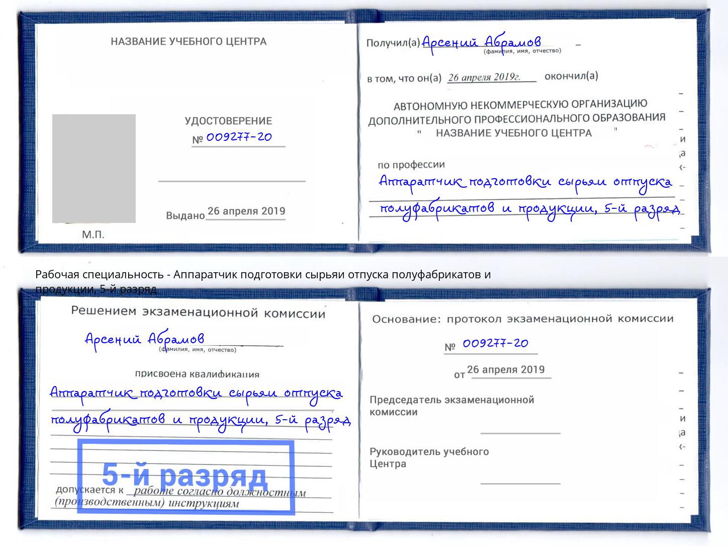 корочка 5-й разряд Аппаратчик подготовки сырьяи отпуска полуфабрикатов и продукции Тейково