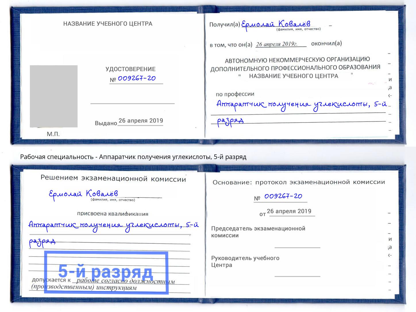 корочка 5-й разряд Аппаратчик получения углекислоты Тейково